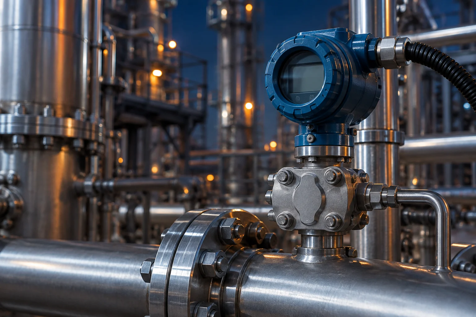 Illustrative industrial transmitter and stainless process pipework